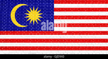 Flagge von Malaysia auf Ziegel Wand Textur Hintergrund. Malaysische Nationalflagge. Stockfoto