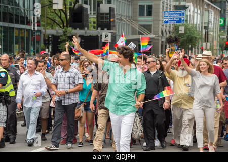 Montreal, Kanada. 14. August 2016. Der kanadische Premierminister Justin Trudeau nimmt Teil in Montreal-Pride-Parade. Bildnachweis: Marc Bruxelle/Alamy Live-Nachrichten Stockfoto