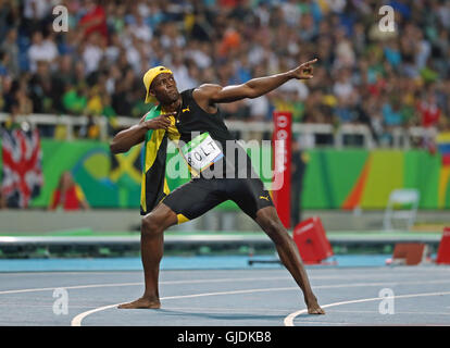 Rio De Janeiro, RJ, Brasilien. 14. August 2016. Herren 100-Meter-Finale. Jamaikas Usain Bolt gewinnt Gold wieder schlagen die USA Justin Gatlin.] 2016 Olympischen Sommerspiele - Rio Brazil.brian.peterson@startribune.com.Rio de Janeiro, Brasilien - 14.08.2016. Bildnachweis: Brian Peterson/Star Tribune/ZUMA Draht/Alamy Live-Nachrichten Stockfoto