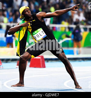 Rio De Janeiro, BH. 14. August 2016. Usain Bolt (JAM) gewinnt die Goldmedaille bei der Herren 100m bei den Olympischen Sommerspielen 2016. Chase Sutton/Dom/Alamy Live-Nachrichten Stockfoto