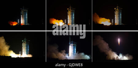 Jiuquan, Chinas Provinz Gansu. 16. August 2016. Kombinierte Foto zeigt China startet der weltweit erste Quantum Satellit auf einem langen März-2D-Rakete vom Jiuquan Satellite Launch Center in Jiuquan, Nordwesten Chinas Provinz Gansu, 16. August 2016. Der weltweit erste Quantum Kommunikationssatelliten, die China ins Leben gerufen hat, ist angesichts der Moniker "Micius," nach dem fünften Jahrhundert v. Chr. chinesische Wissenschaftler, der chinesischen Akademie der Wissenschaften (CAS) Montag angekündigt worden. © Jin Liwang/Xinhua/Alamy Live-Nachrichten Stockfoto