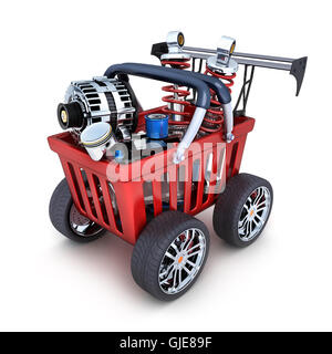 Abstrakte Warenkorb und Kfz-Ersatzteile (durchgeführt in 3D-Rendering) Stockfoto