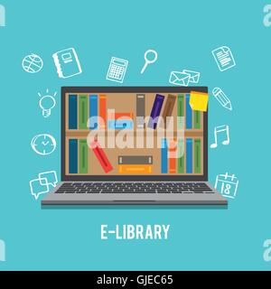 Online-Bildung Konzept flache Symbole setzen e-Bibliothek wissen Stock Vektor