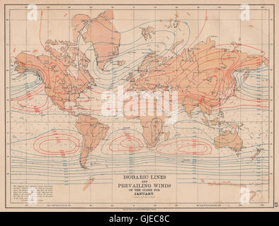 WELT. Isobaren Linien & vorherrschenden Winde des Globe.January.JOHNSTON, 1906-Karte Stockfoto