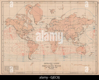 WELT. Isobaren Linien & vorherrschenden Winde der Welt. Juli. JOHNSTON, 1906-Karte Stockfoto