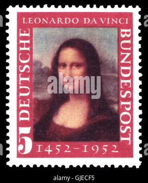 Die 1952 DBP 148 Mona Lisa Briefmarke wurde zur Feier des weltbekannten Kunstwerks von Leonardo da Vinci ausgegeben. Es ist Teil einer Serie mit berühmten Kunstwerken aus verschiedenen Museen in Deutschland. Stockfoto