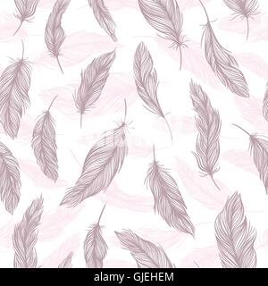 Nahtlose Skizze Boho Stil Textur mit eleganten rosa und lila Federn auf weißem Hintergrund Stock Vektor