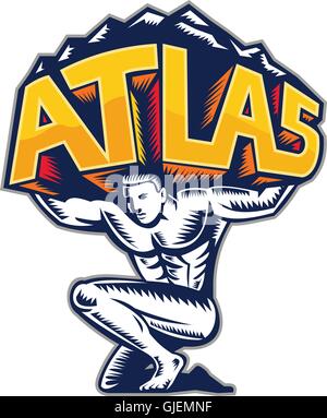 Illustration des Atlas kniend mit anhebenden Berge mit dem Wort betrachtet Atlas von vorne am isolierten weißen Hintergrund in Retro-Holzschnitt Stil getan. Stock Vektor