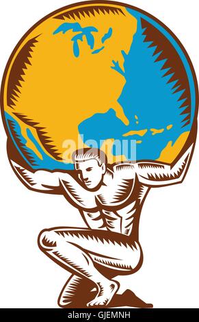 Illustration von Atlas kniend mit anhebenden Globus Erde auf dem Rücken am isolierten weißen Hintergrund in Retro-Holzschnitt Stil getan. Stock Vektor