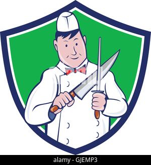 Abbildung eines Metzger Fräser Arbeitnehmers schärfen Messer von vorne Satz innen Schild Wappen auf isolierte Hintergrund getan im Cartoon-Stil betrachtet. Stock Vektor