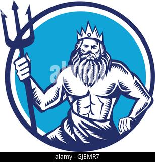 Abbildung von einem Poseidon-Gott des Meeres, hält Dreizack von vorne eingestellt im inneren Kreis auf isolierte Hintergrund eingerichtet im Stil der Retro-Holzschnitt betrachtet. Stock Vektor