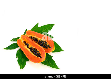 Reife Papaya (Carica Papaya L) mit Blättern mit Beschneidungspfad isoliert. Stockfoto