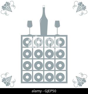 Stilisierte Ikone eines farbigen Weinregal, Flasche Wein, Weingläser und Trauben auf weißem Hintergrund Stock Vektor