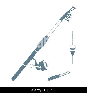Stilisierte Symbolsatz von verschiedenen Tools für die Fischerei auf weißem Hintergrund Stock Vektor
