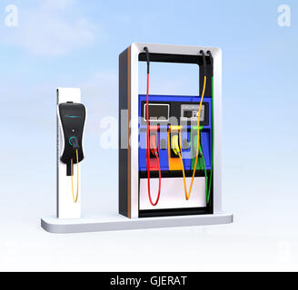 EV Ladestation und Tankstelle auf hellblauem Hintergrund isoliert. 3D-Rendering Bild mit Beschneidungspfad. Stockfoto