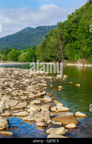 Landschaft mit Bergen, Bäumen und einem Fluss vor Stockfoto