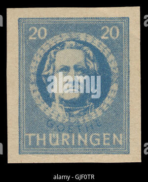 Die SBZ Thüringen 1945 98B-Marke zeigt Johann Wolfgang von Goethe, eine Schlüsselfigur der deutschen Literatur, die während der sowjetischen Besatzungszone (SBZ) ausgegeben wurde. Dieser Stempel spiegelt die deutsche Nachkriegsgeschichte wider. Stockfoto