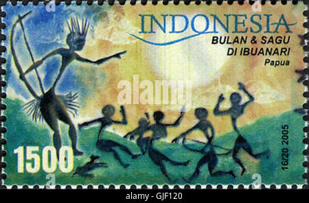 Die Marke Indonesia 016-05 ist Teil einer Gedenkserie, die Elemente der indonesischen Kultur und Naturlandschaften erfasst. Dieses Kleidungsstück spiegelt das vielfältige Erbe des Landes wider. Stockfoto