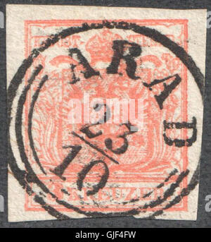 Die 1850 Austria 3Kr IIIa HP ARAD-Marke ist Teil der frühen österreichischen Ausgabe, mit einem markanten Design mit dem österreichischen Wappen, das Mitte des 19. Jahrhunderts für den Inlandsversand verwendet wurde. Stockfoto