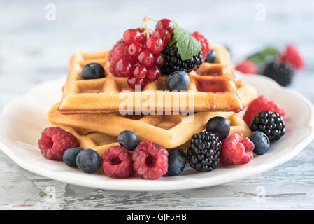 Belgien-Waffeln mit Beeren in der Platte, selektiven Fokus Stockfoto