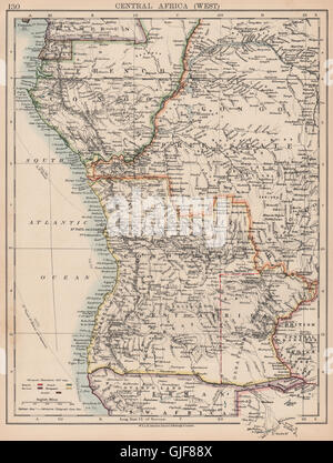 KOLONIALEN ZENTRALAFRIKA. Französisch-Kongo Free State Portugiesisch Westafrika 1906 Karte Stockfoto
