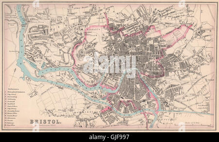 BRISTOL. Stadtplan der antiken Stadt. Clifton. Gloucestershire. Bartholomäus, 1865-Karte Stockfoto