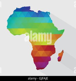 Karte von Afrika mit farbigen geometrischen Formen, Dreiecke, die Farben des Regenbogens bilden. Mit langen Schatten. Stock Vektor