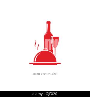 Weinflasche mit Weinglas und Essen Gericht Symbole als Restaurant-Label-Vektor-illustration Stock Vektor