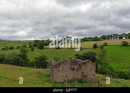 Ein bröckelnden trocken Steingebäude im Peak District National Park liegt inmitten der sanften Hügel der Pennines. Stockfoto