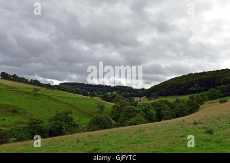 Die sanften Hügel der Pennines, in der Nähe von Kapelle-En-le-Frith in Derbyshire, unter einem grauen Coudy Himmel Stockfoto