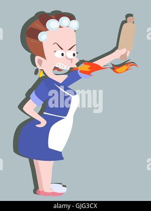 wütend Hausfrau schreien - lustige Cartoon Illustration Comic-weiblich Stock Vektor