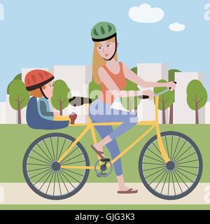 Frau und Kind auf dem Fahrrad - niedliche Vektor-Illustration von modernen weiblich Stock Vektor