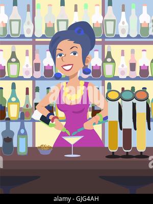 humorvolle Karikatur Bar-Frau serviert Getränke an der bar Stock Vektor
