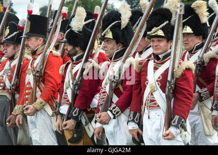 Coldstream Regiment of Foot Guards auf dem Schlachtfeld der napoleonischen Kriege Reenactment im Spetchley Park, Worcestershire, England Stockfoto