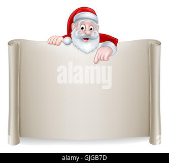 Ein Weihnachten Illustration einer niedlichen Cartoon Santa deutete auf ein Scroll-Zeichen Stockfoto