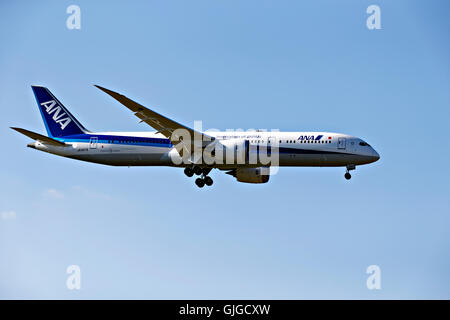 ANA Japan Airlines Dream Liner Ansatz zur Landung am Flughafen Franz Josef Strauß, München, Oberbayern, Deutschland, Europa. Stockfoto