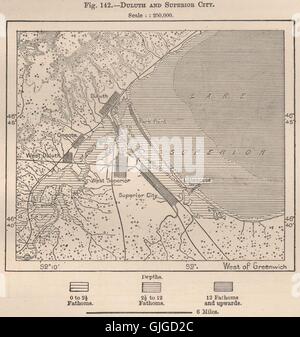 Duluth und überlegene Stadt. Minnesota, 1885 Antike Landkarte Stockfoto