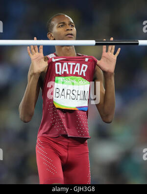 Rio De Janeiro, Brasilien. 16. August 2016. Mutaz Essa Barshim von Katar konkurriert die Männer Hochsprung-Finale der Leichtathletik, Leichtathletik-Veranstaltungen während der Rio 2016 Olympischen Spiele im Olympiastadion in Rio De Janeiro, Brasilien, 16. August 2016. Foto: Michael Kappeler/Dpa/Alamy Live News Stockfoto