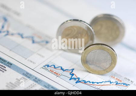 Kurs-Chart mit Euro-Münzen Stockfoto