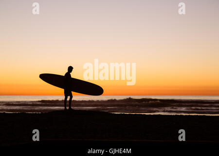 Silhouette des Mannes, der entlang Strand mit Surfbrett, San Diego, Kalifornien, USA Stockfoto