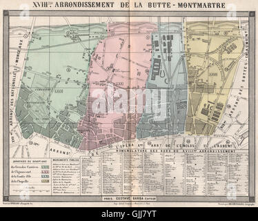 PARIS-18e 18. XVIIIme Arrondissement de la Butte Montmartre. BARBA, 1860-Karte Stockfoto