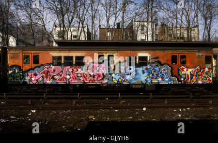 Illegale Graffiti an einer u-Bahn-Wagen in New York City. Das Wandbild erfolgte durch u-Bahn Künstler Teil eins und Joey. Stockfoto