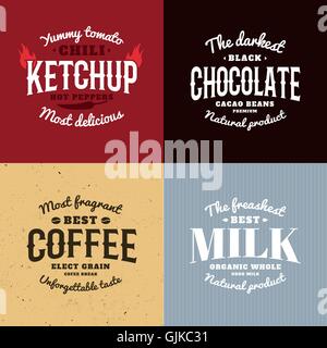 Isoliert, Ketchup, Schokolade, Kaffee, Milch-Vektor-Logo-Set. Retro-Stil-Embleme. Stock Vektor