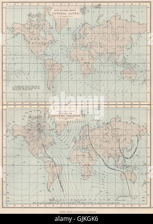 WELT. Cotidal Linien, Kurven der gleiche magnetische Abweichung (Admiralty Chart) 1886 Karte Stockfoto