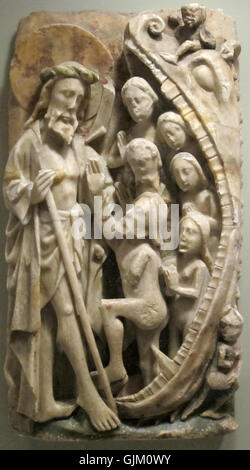 "Erschütternde der Hölle", Englisch 15. Jahrhundert Alabaster Relief mit Spuren von Poychrome und Vergoldung Stockfoto