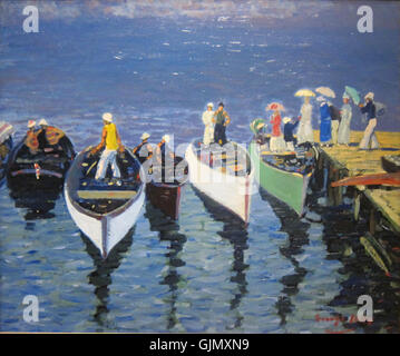 „Holiday on the Hudson“ von George Luks ist ein Gemälde aus dem frühen 20. Jahrhundert, das die Lebendigkeit des Lebens entlang des Hudson River einfängt. Das Kunstwerk zeigt Luks' Geschick in der Darstellung von Stadt- und Freizeitszenen mit kräftigen Pinseln und ausdrucksstarken Farben. Stockfoto