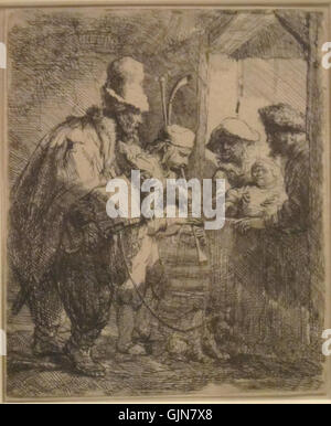 The Strolling Musicians ist eine Radierung von Rembrandt van Rijn, die 1635 entstanden ist. Das Kunstwerk befindet sich im Museum of Art in Honolulu und zeigt eine Szene von Musikern auf realistische Weise. Stockfoto
