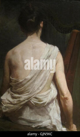 Elizabeth Nourse, eine amerikanische Malerin, schuf das Porträt "Frau mit einer Harfe", ein Beispiel für ihren Stil des frühen 20. Jahrhunderts, mit weichen Tönen und emotionalem Ausdruck, das heute im Kunstmuseum von Cincinnati aufbewahrt wird. Stockfoto