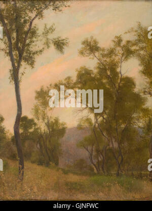 „Paisatge“ von Joan Brull i Vinyoles (1863-1912) ist ein Landschaftsgemälde, das die Meisterschaft der artistâ bei der Erfassung der natürlichen Umgebung widerspiegelt. Brull, ein bemerkenswerter katalanischer Künstler, konzentrierte sich in seinen Werken auf Szenen ländlicher und Küstenlandschaften. Stockfoto