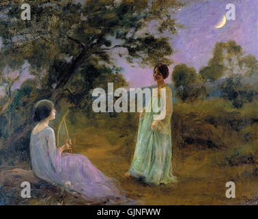Paisatge nocturn amb dues noies ist ein Gemälde von Joan Brull i Vinyoles, das im späten 19. Bis frühen 20. Jahrhundert entstand. Das Kunstwerk zeigt eine nächtliche Landschaft mit zwei Mädchen, die Brulls einzigartigen Stil während dieser Zeit unterstreicht. Stockfoto